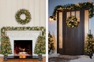 two artificial potted trees, wreath, and garland over a fireplace and outside on the front door