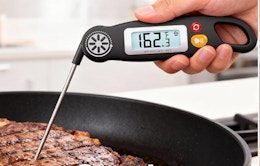 a hand holding a meat thermometer in a steak 
