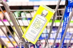 bottle of BioTrue contact solution in a Walmart cart