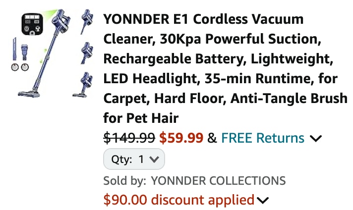 E1 Cordless Vacuum Cleaner Amazon Receipt