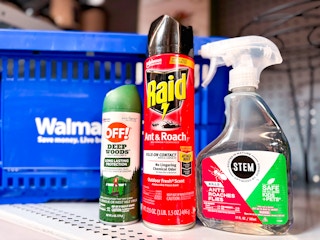 bottle of Raid, Stem, and OFF! bug repellant in a Walmart cart