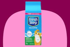 fresh step cat litter bag against pink and maroon background