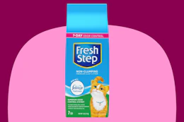 fresh step cat litter bag against pink and maroon background