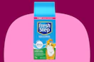 fresh step cat litter bag against pink and maroon background