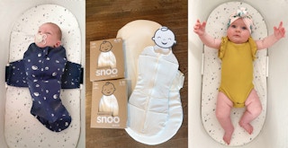 SNOO swaddlers next to each other on a table and two babies laying in their own SNOO Bassinets