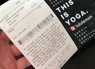 Extreme close-up of a Lululemon receipt