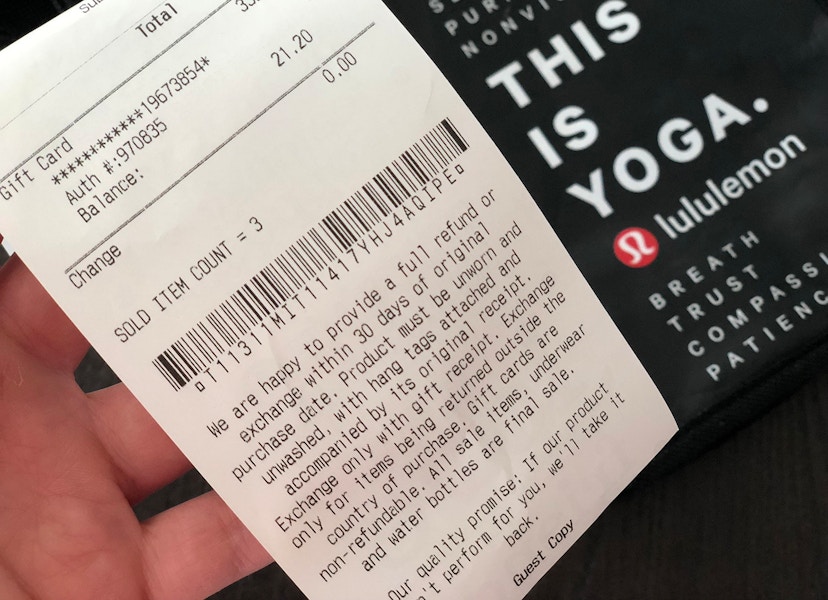 Extreme close-up of a Lululemon receipt