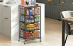 a 4-tier cart full of snacks in a kitchen