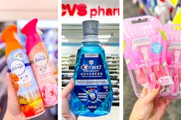 collage image of febreze air freshener, crest mouthwash, and venus razors