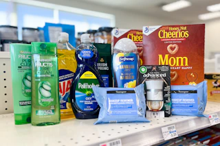 cheerios, body wash, dish soap, shampoo, makeup wipes, and an air wick warmer on a shelf