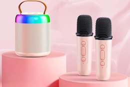 a karaoke machine in a pink room