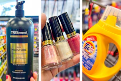 collage image of tresemme shampoo, revlon nail polish, and tide simply detergent
