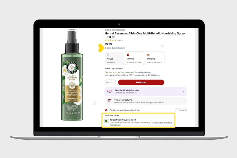 Saving money with a digital coupon on Herbal Essences shampoo at Target.