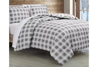 a grey and white checkered comforter set