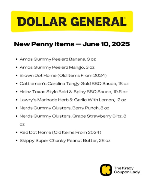Graphic with Dollar General Penny List for June 10 2025