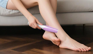 a person holding a purple and white glass foot file near their feet