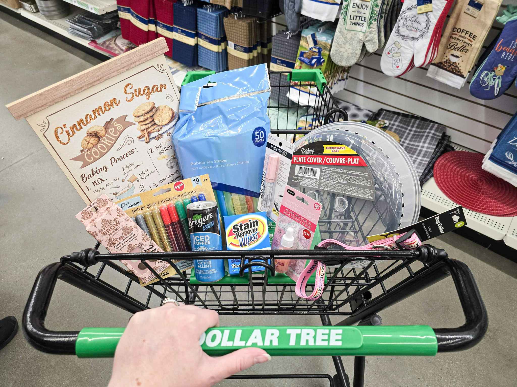 person pushing a dollar tree cart full of items