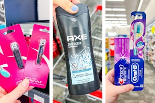 collage image of nail clippers, axe body wash, and crest oral care