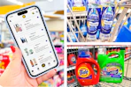 collage with a phone displaying the kcl app and 1-clip coupons, tide, gain, and dawn products