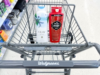 one Olay and one Old Spice body wash inside shopping cart