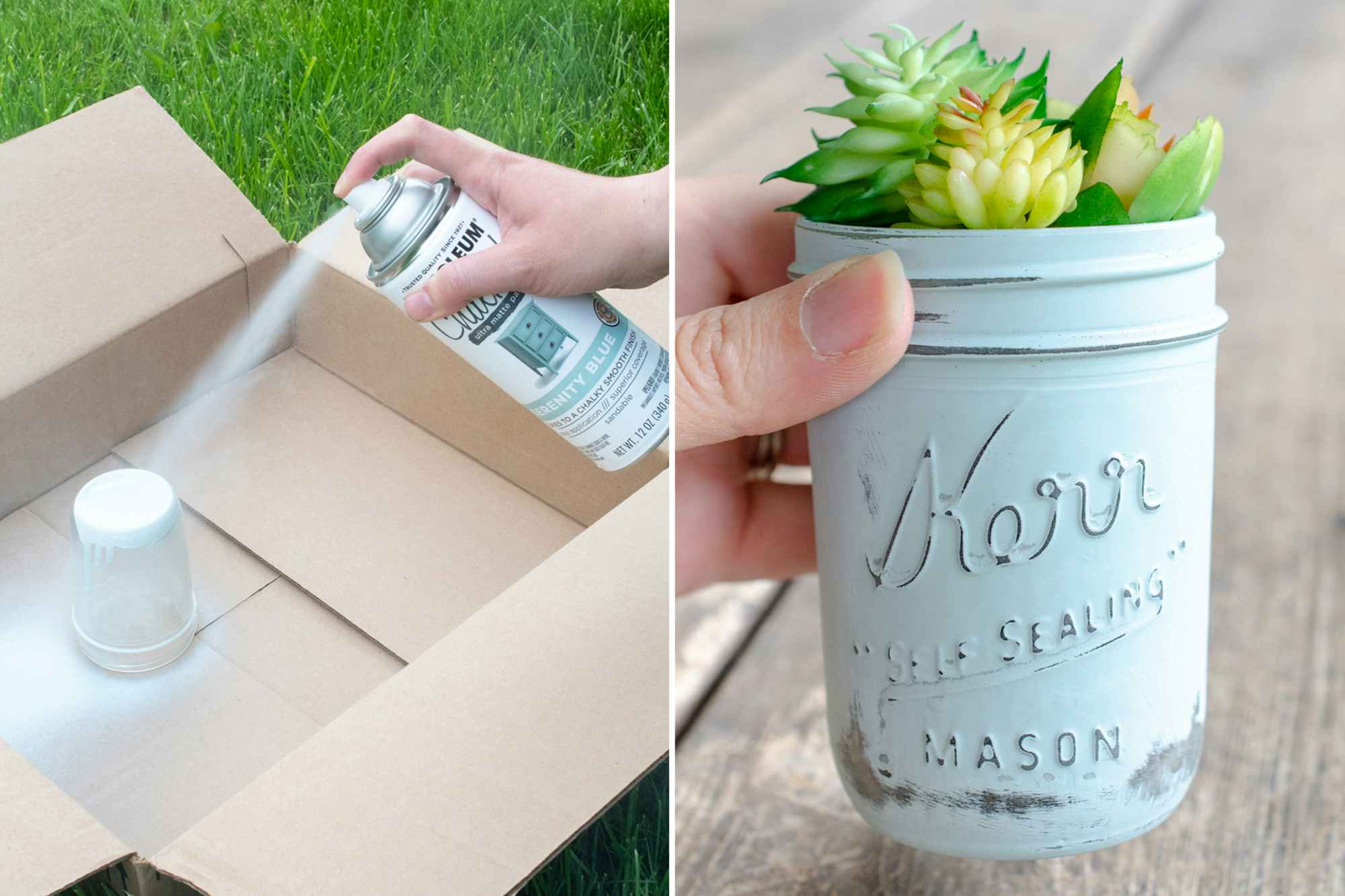 Two images side by side; one a person spray painting an upside down mason jar in a box and the second image is a person holding a ...