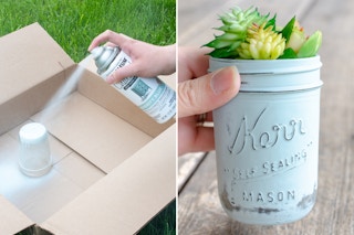 Two images side by side; one a person spray painting an upside down mason jar in a box and the second image is a person holding a ...