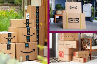 boxes from amazon, ikea, and overstock stacked in piles