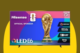 Hisense 75" E6 Cinema Series QLED 4K UHD Smart Fire TV on a yellow background.