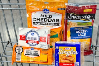 kroger, sargento, and kraft cheese together in a shopping cart