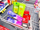 cvs cart with garnier, crest, neutrogena, and maybelline items