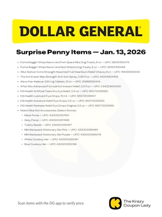 graphic of the dollar general surprise penny items jan 13 2026