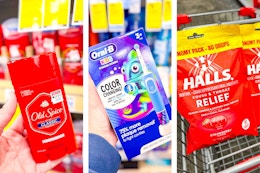 collage image of old spice deodorant, oral-b electric toothbrush, and halls cough drops