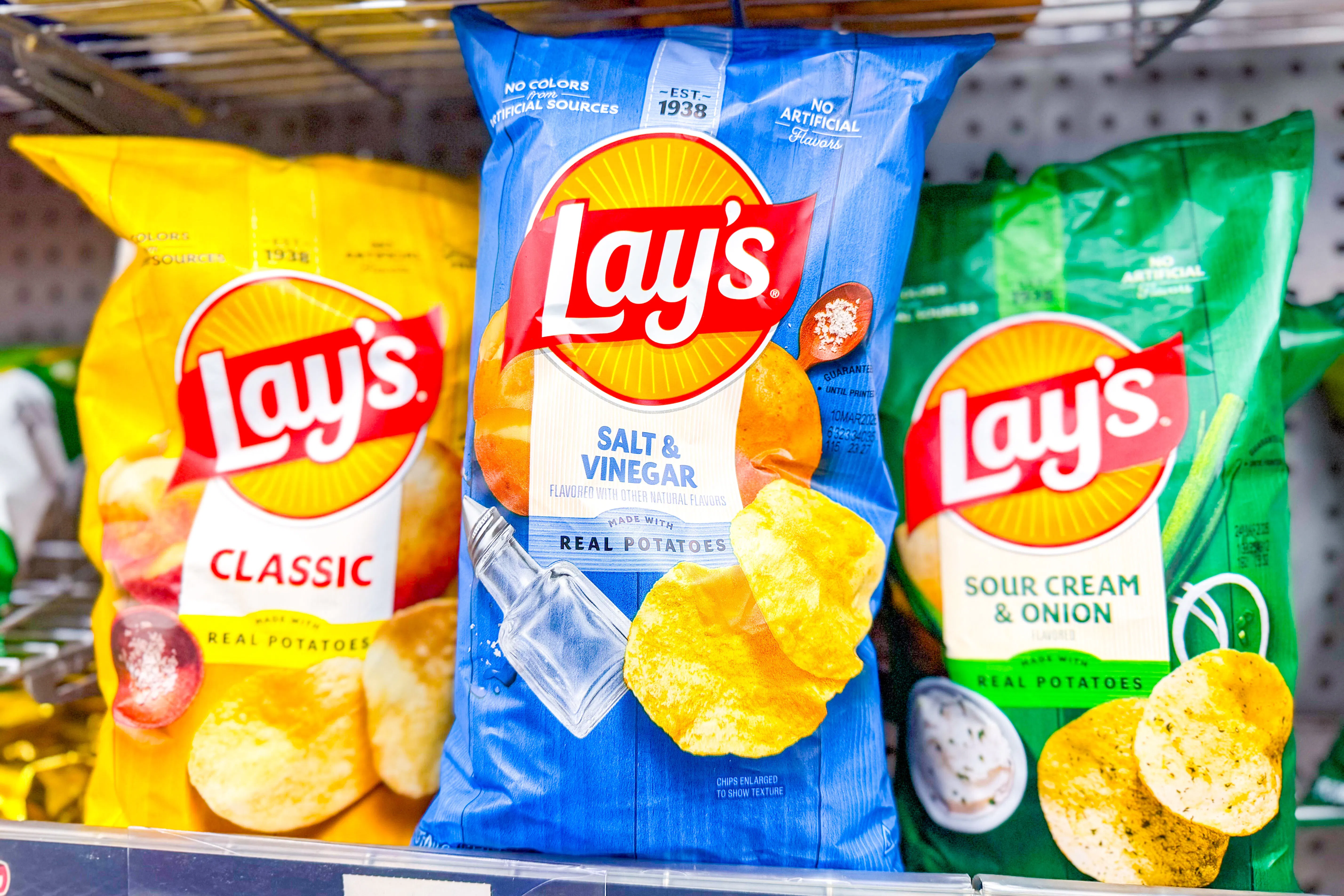 Lay's Kettle Cooked Potato Chips bag on Kroger shelf