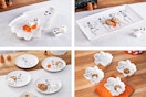 4 lifestyle photos of Way to Celebrate ceramic dinnerware featuring Halloween themes (skeletons & ghosts)