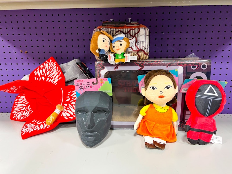 netflix themed dog and cat toys on a shelf