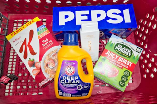 special k cereal, pepsi soda, native body wash, black forest gummies, and arm & hammer detergent in a cart