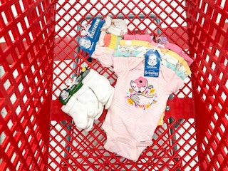 gerber bodysuits, socks and mittens in a target cart
