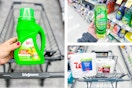 collage image of laundry detergent, toilet paper, and dish soap