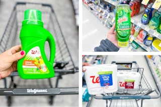 collage image of laundry detergent, toilet paper, and dish soap