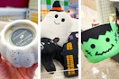 ceramic pumpking candle, throw pillows, and frankenstein trick or treat basket