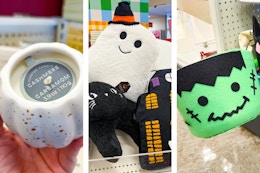 ceramic pumpking candle, throw pillows, and frankenstein trick or treat basket