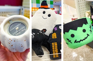 ceramic pumpking candle, throw pillows, and frankenstein trick or treat basket