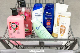 hair care in a walgreens shopping cart
