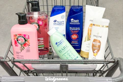 hair care in a walgreens shopping cart