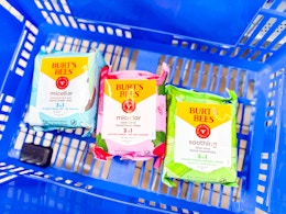 Three Burts Bees Wipe Packs in Walmart shopping basket