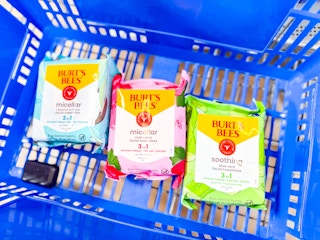Three Burts Bees Wipe Packs in Walmart shopping basket