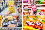 dollar general lay's, tombstone, fritos, dr pepper 4-photo collage