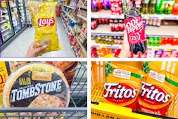 dollar general lay's, tombstone, fritos, dr pepper 4-photo collage