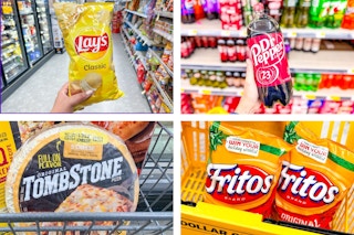 dollar general lay's, tombstone, fritos, dr pepper 4-photo collage