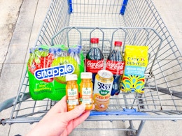 Snapple, Coco-Cola, Cafe Bustelo, Ryi Tea & Suja Shots in Walmart shopping cart